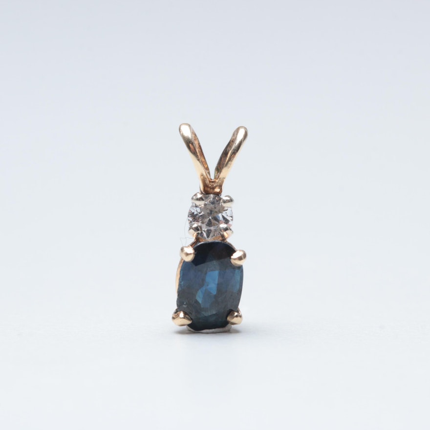 14K Yellow Gold Blue Sapphire and Diamond Pendant