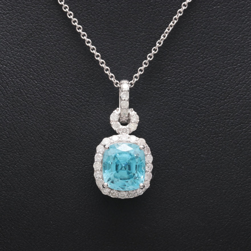 14K White Gold 5.38 CT Blue Zircon and Diamond Pendant Necklace