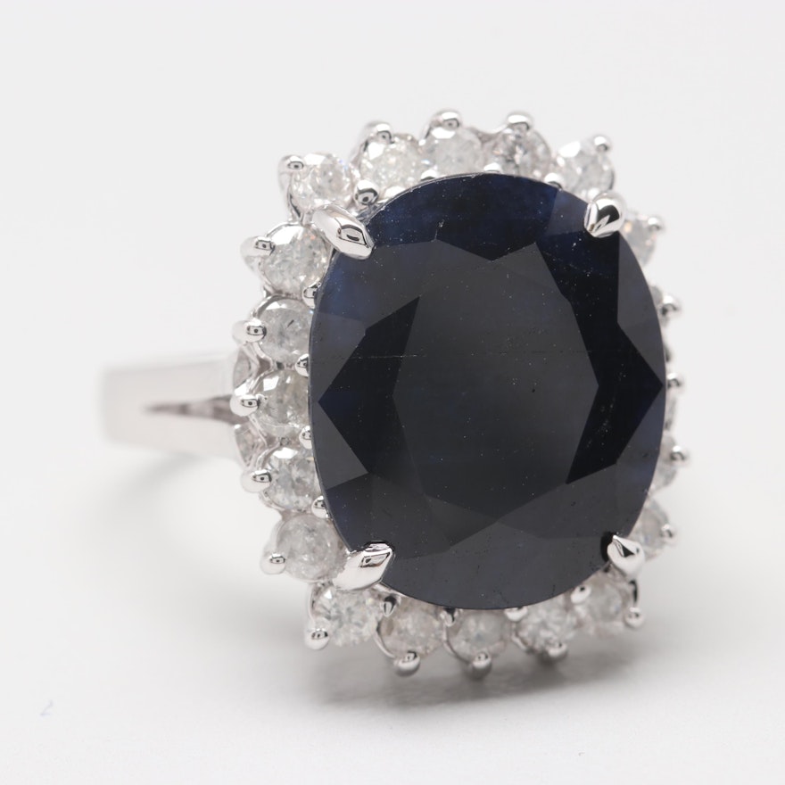 14K White Gold Blue Sapphire and Diamond Ring