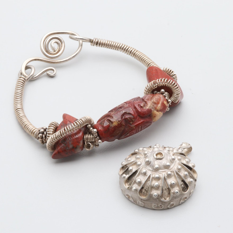 Sterling Silver Bracelet and Pendant Including Red Jasper