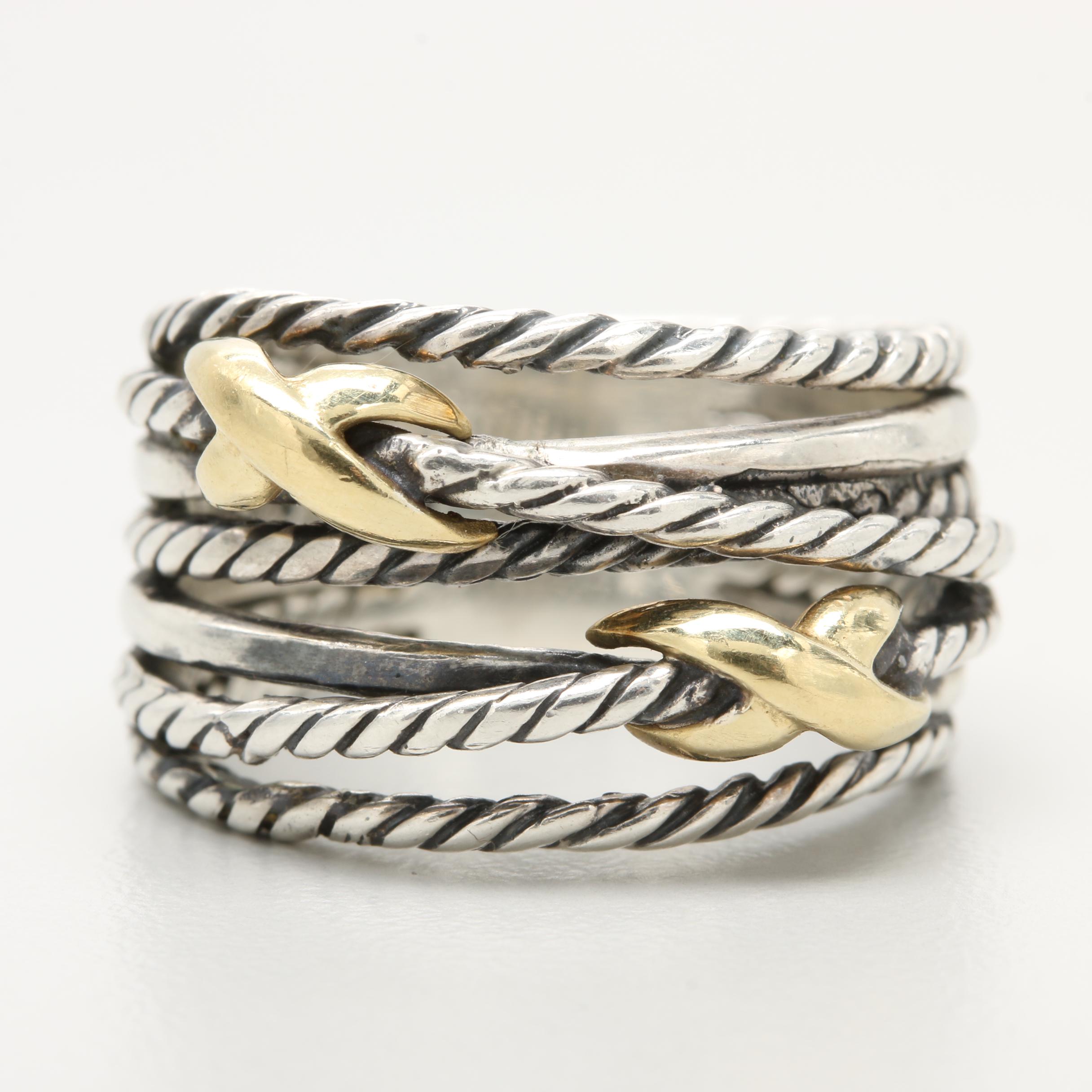 David Yurman "Crossover" Collection Sterling Silver 18K Yellow Gold Accent Ring