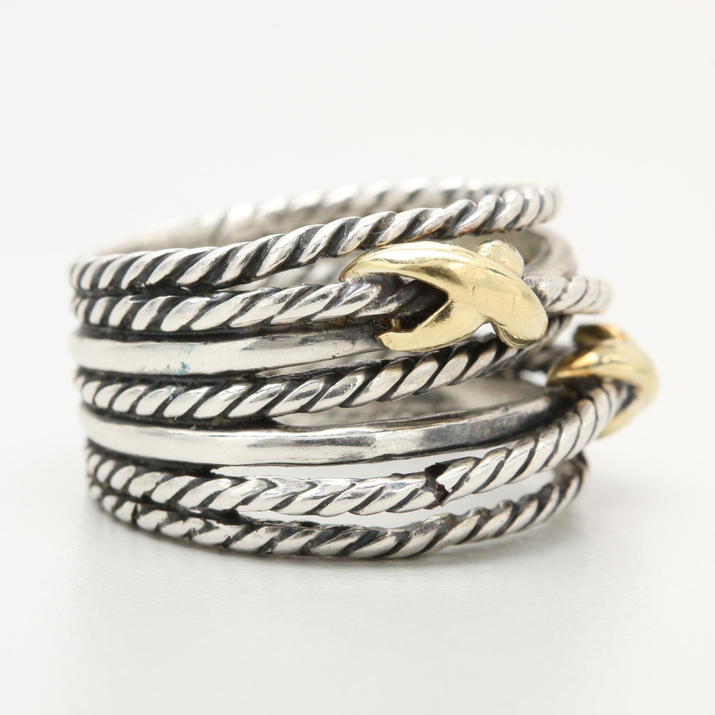 David Yurman "Crossover" Collection Sterling Silver 18K Yellow Gold Accent Ring