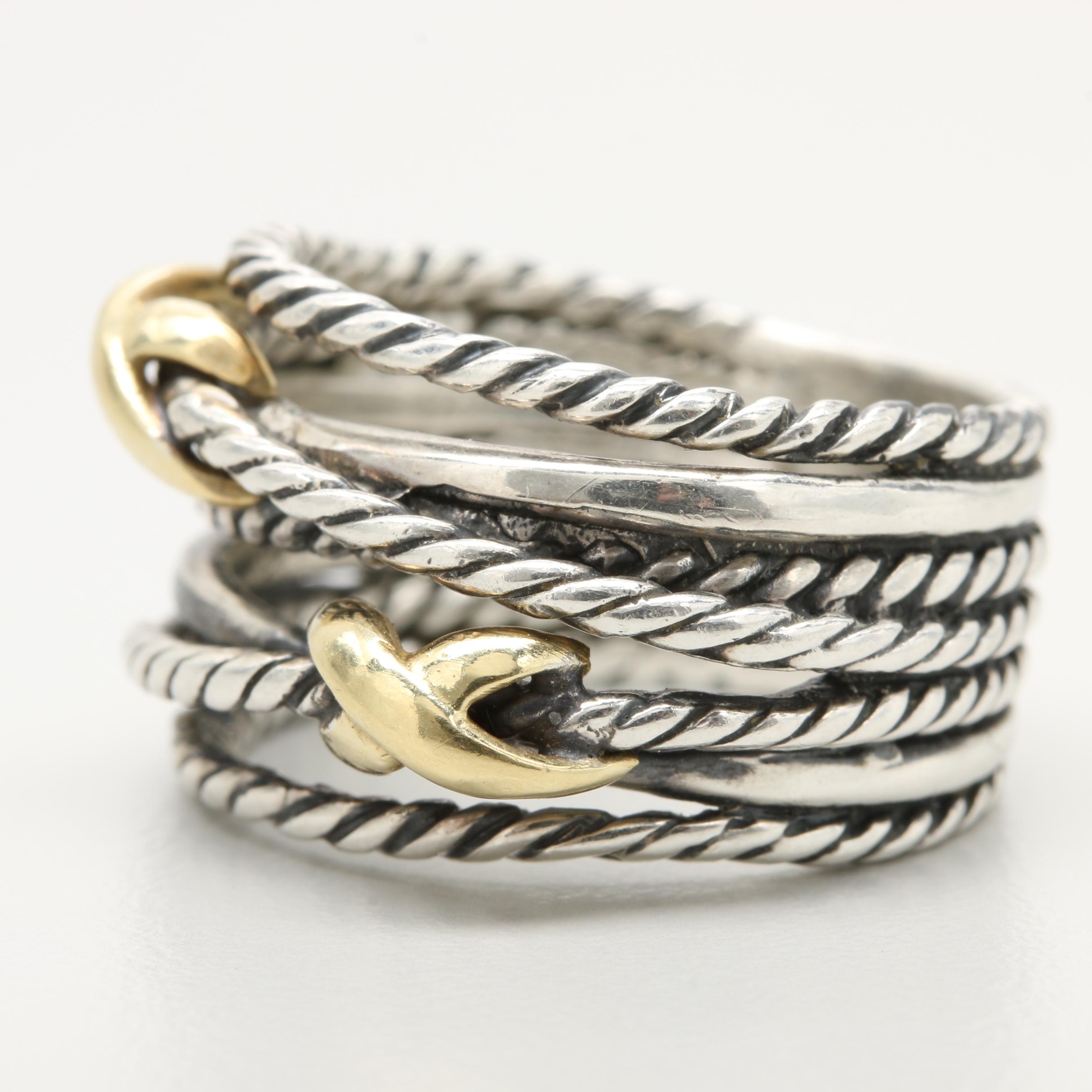 David Yurman "Crossover" Collection Sterling Silver 18K Yellow Gold Accent Ring