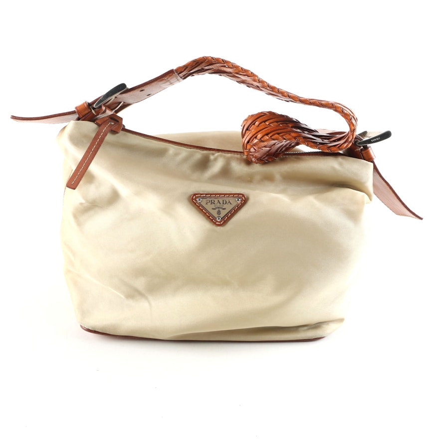 Prada Beige Nylon and Tan Leather Shoulder Bag