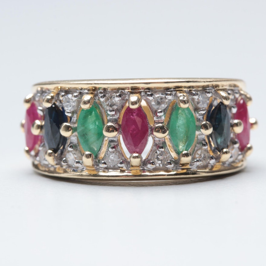 14K Yellow Gold Ruby, Sapphire, Emerald, and Diamond Ring