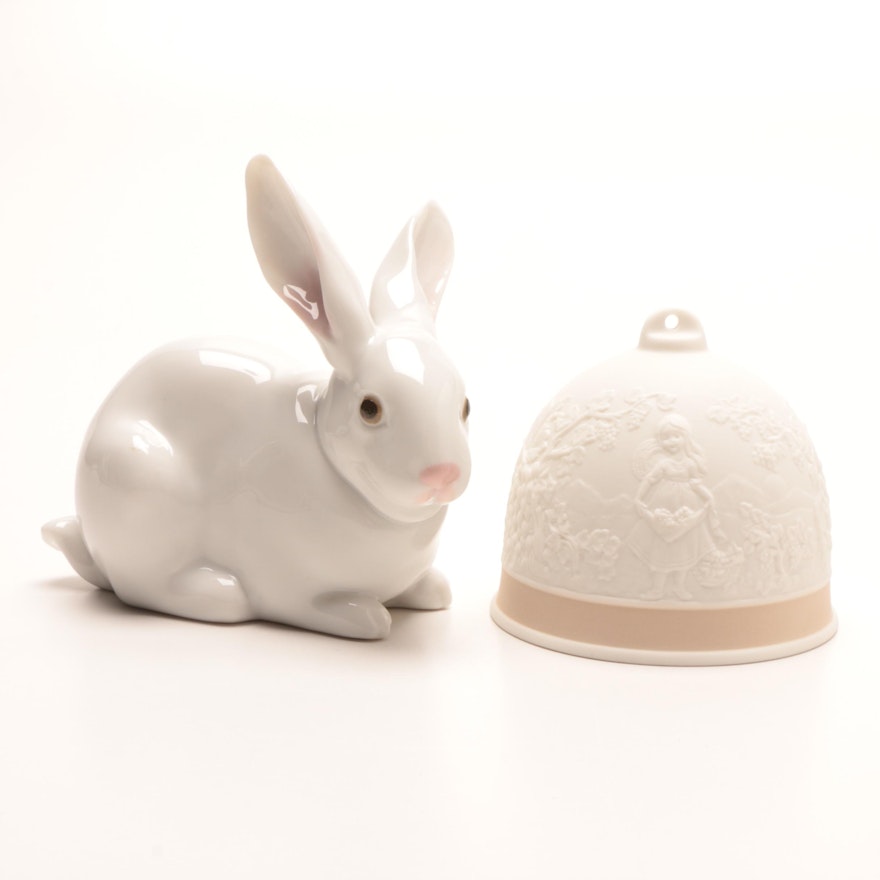 Lladró "Attentive Bunny" Porcelain Figurine and "Fall" Bell