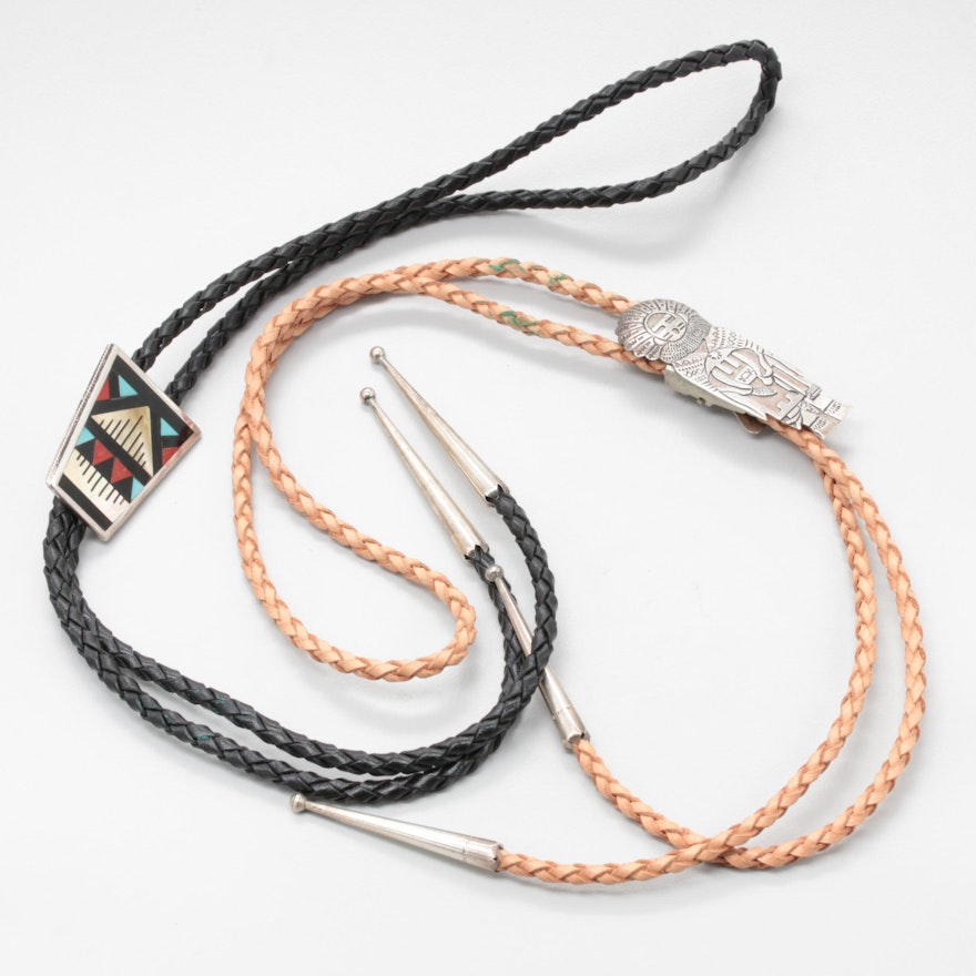 Southwest Style Sterling Silver Bolo Ties Including Coral and Mother of Pearl