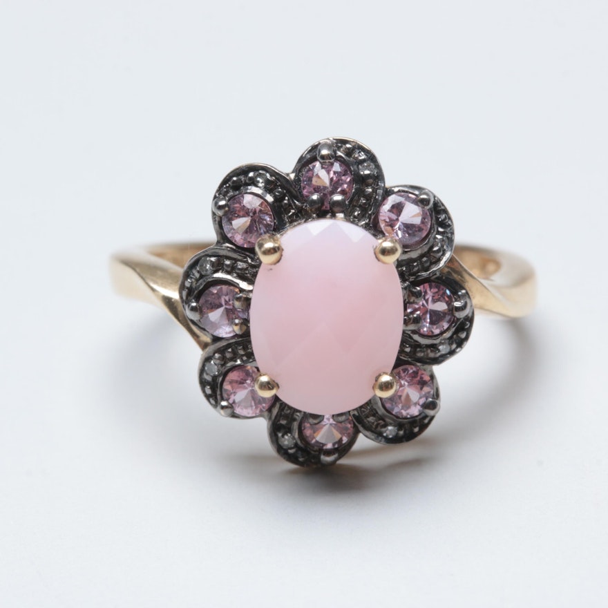10K Yellow Gold Common Opal, Pink Sapphire and Diamond Ring