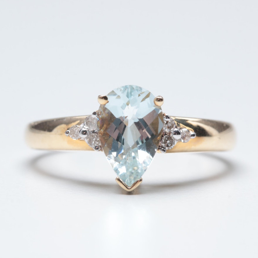 14K Yellow Gold Aquamarine and Diamond Ring