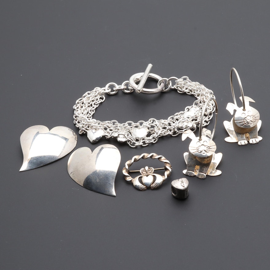 Sterling Silver Jewelry Including Bracelet, Brooch, Earrings, and Bead