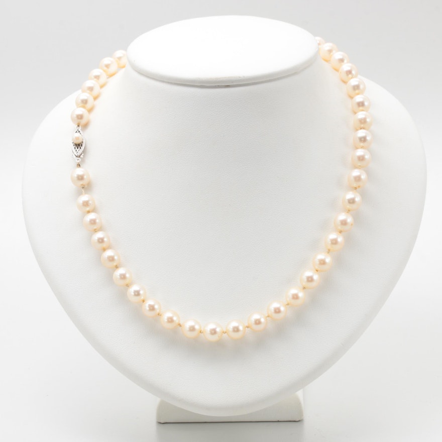 14K White Gold Cultured Pearl Single Strand Necklace