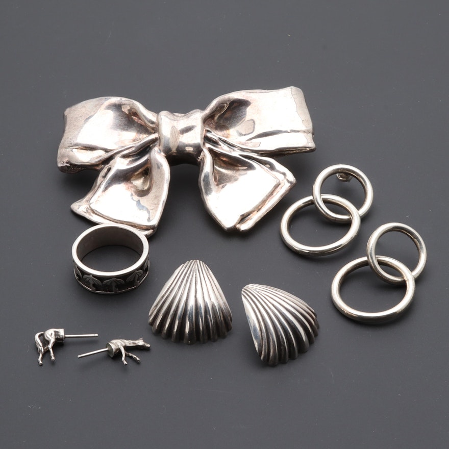 Sterling Silver Jewelry Collection Including Brooch, Earrings and Ring