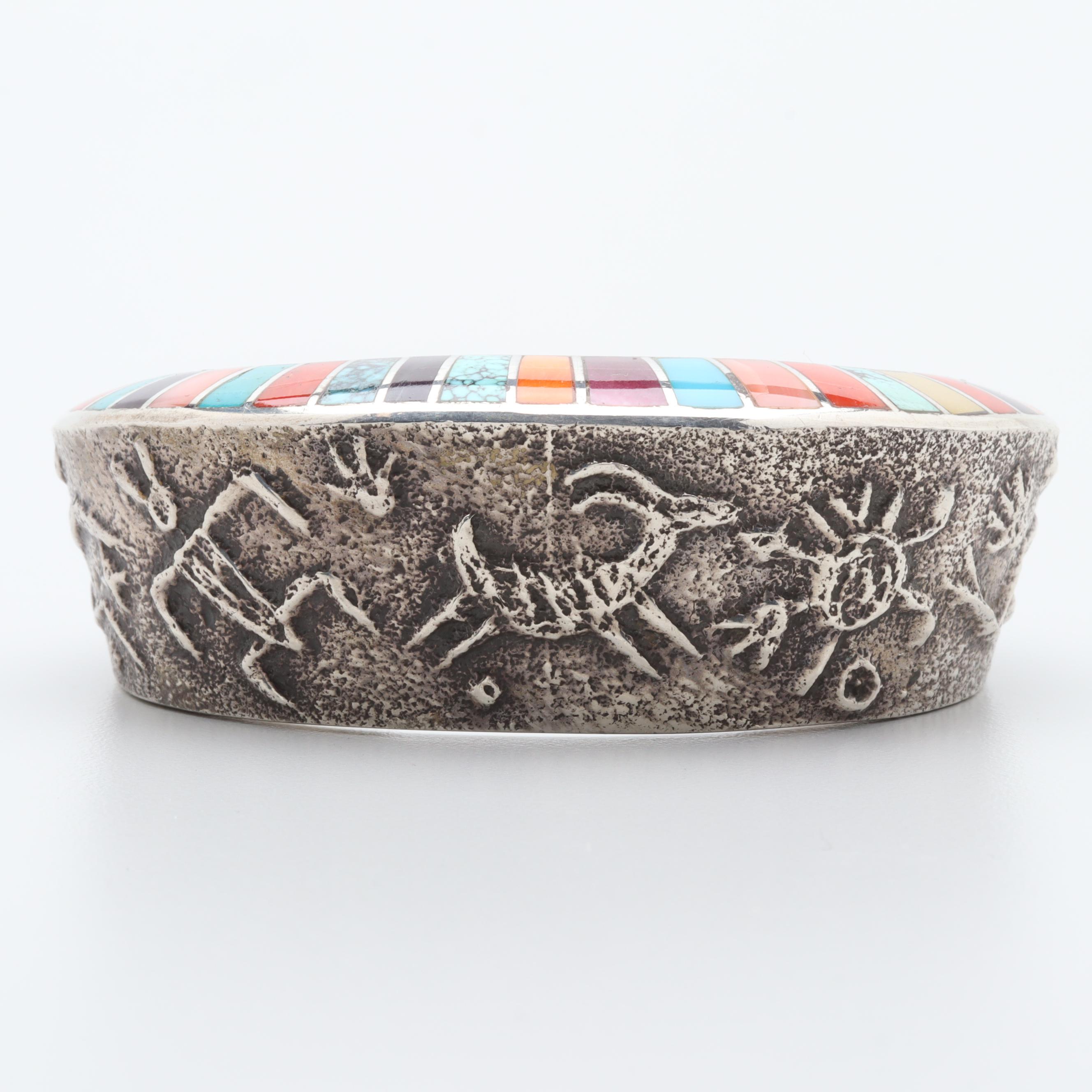 Lonn Parker Navajo Diné Sterling Silver Tufa Cast Story Bracelet with Inlay