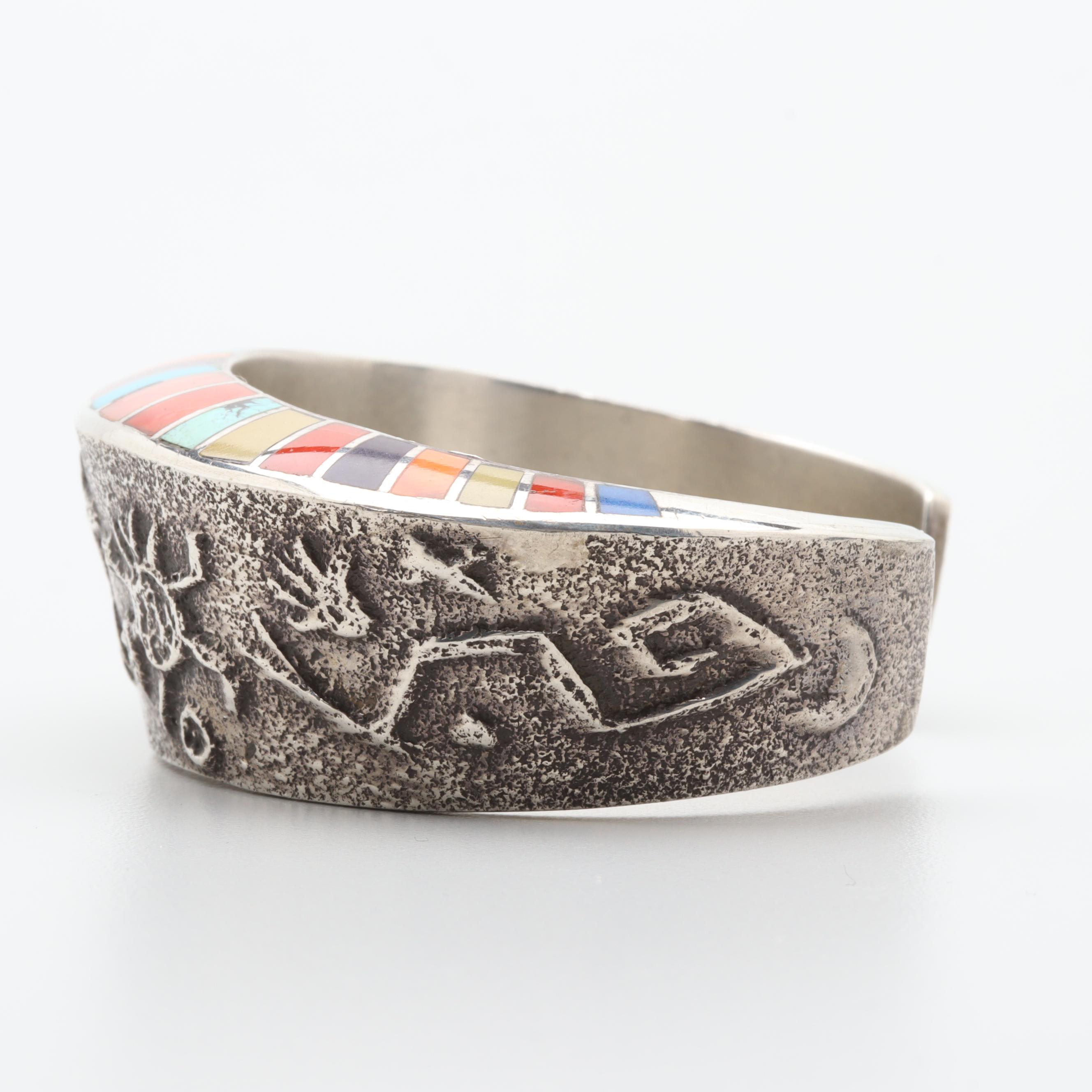 Lonn Parker Navajo Diné Sterling Silver Tufa Cast Story Bracelet with Inlay