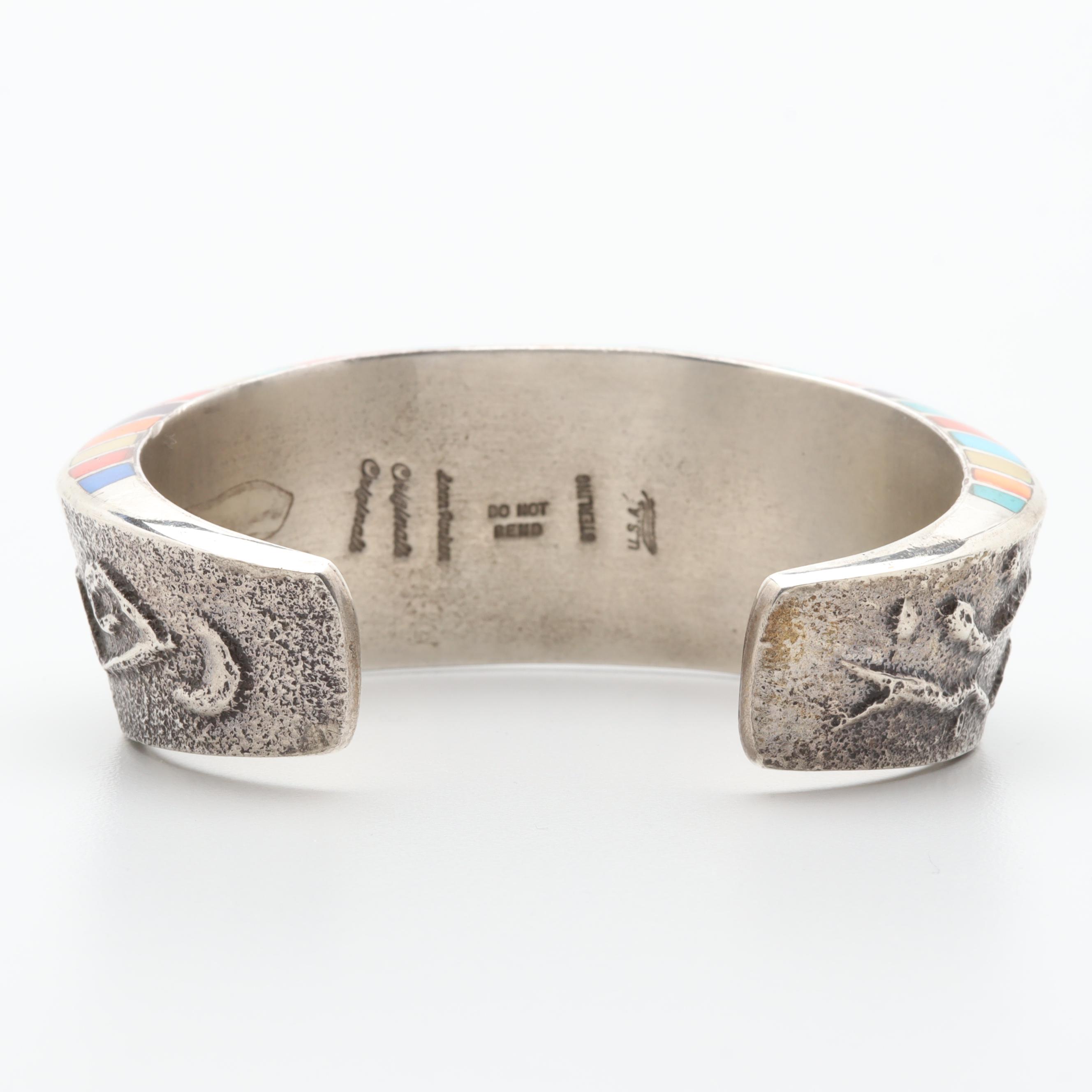 Lonn Parker Navajo Diné Sterling Silver Tufa Cast Story Bracelet with Inlay