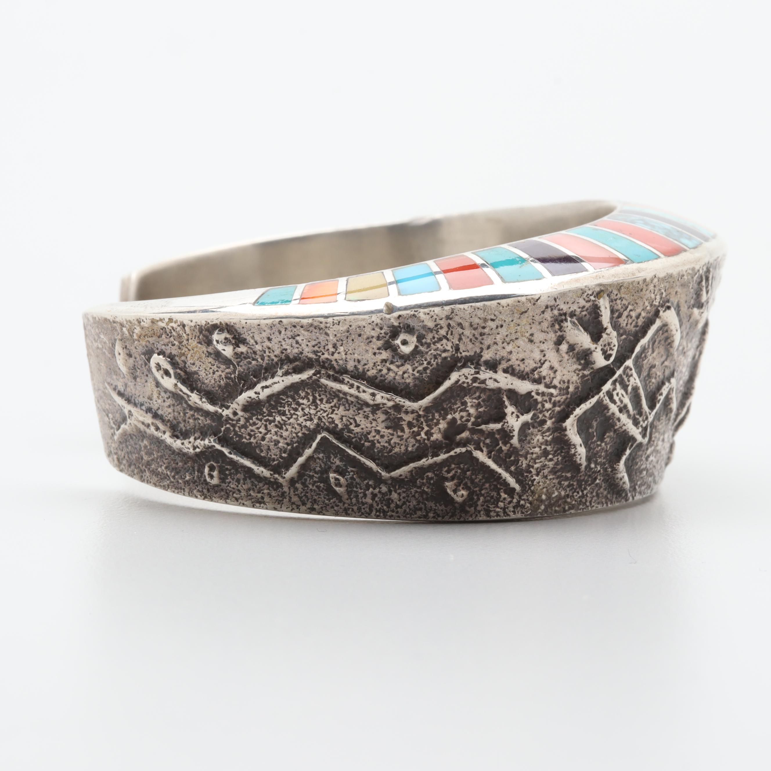Lonn Parker Navajo Diné Sterling Silver Tufa Cast Story Bracelet with Inlay