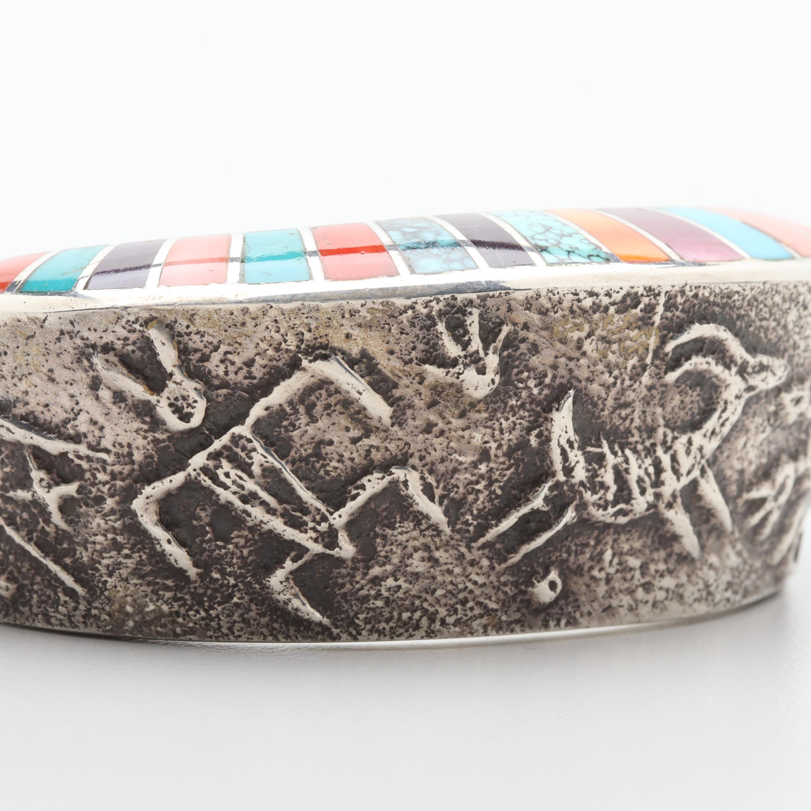 Lonn Parker Navajo Diné Sterling Silver Tufa Cast Story Bracelet with Inlay