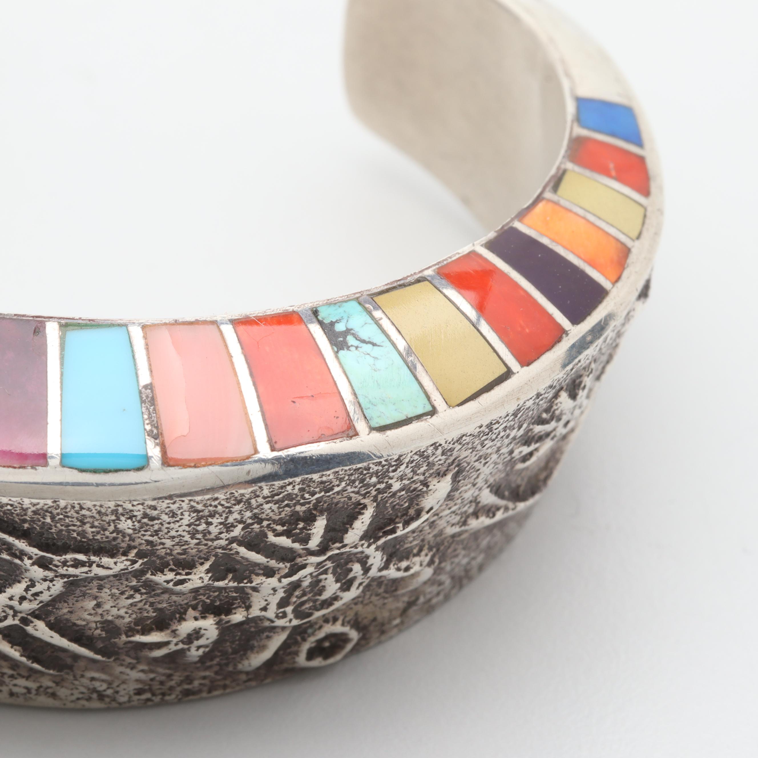 Lonn Parker Navajo Diné Sterling Silver Tufa Cast Story Bracelet with Inlay