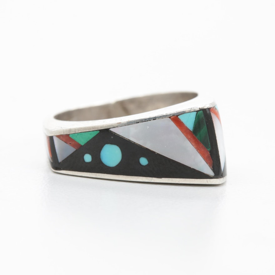 Contemporary Southwestern Style Sterling Silver Gemstone Inlay Ring