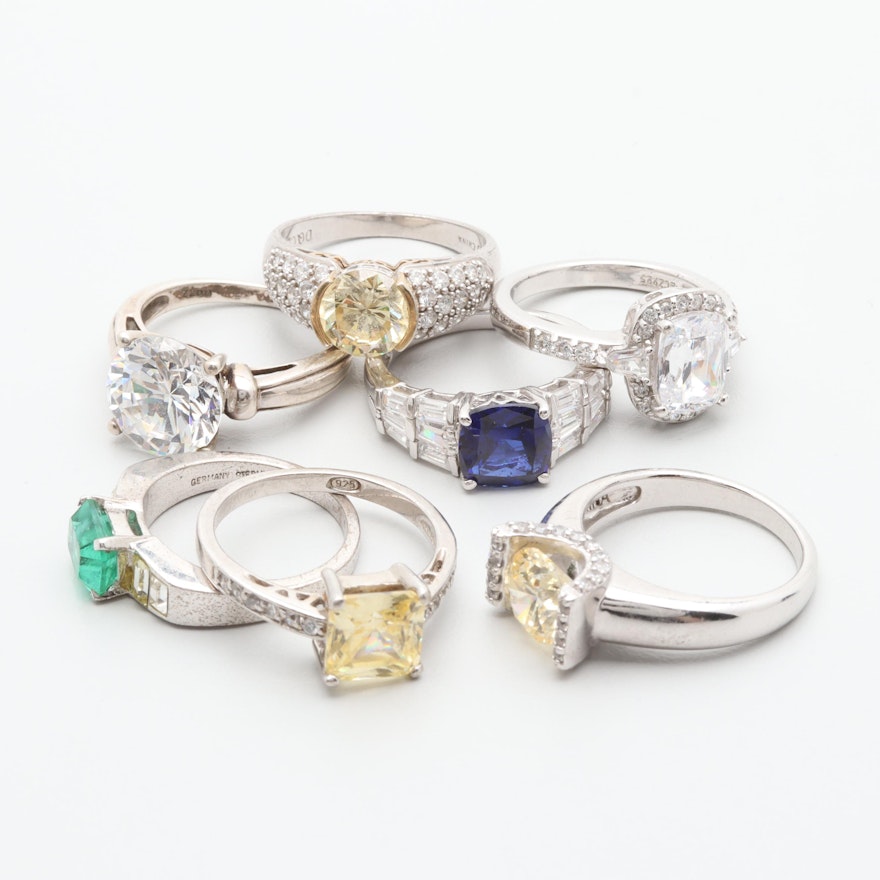 Sterling Silver Ring Assortment Including Cubic Zirconia and Synthetic Sapphire