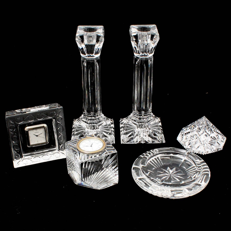 Waterford Crystal "Lismore" Candlesticks, Clocks, Paperweight, and Ashtray