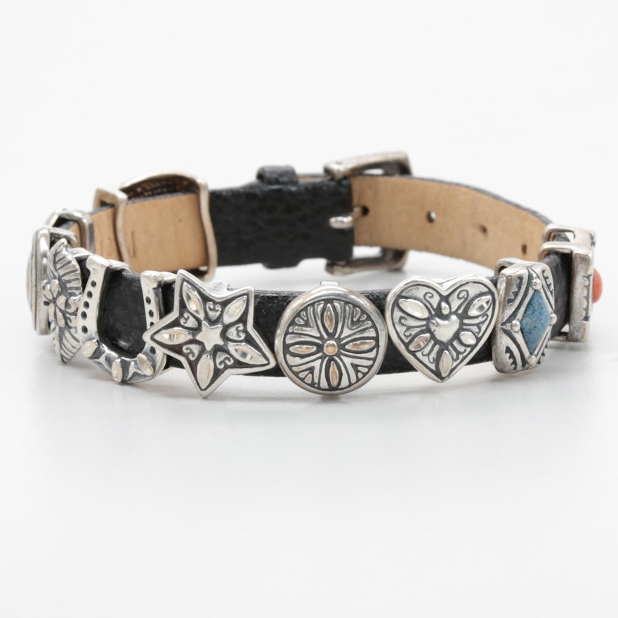 Southwestern Style Sterling Silver and Leather Slide Charm Bracelet