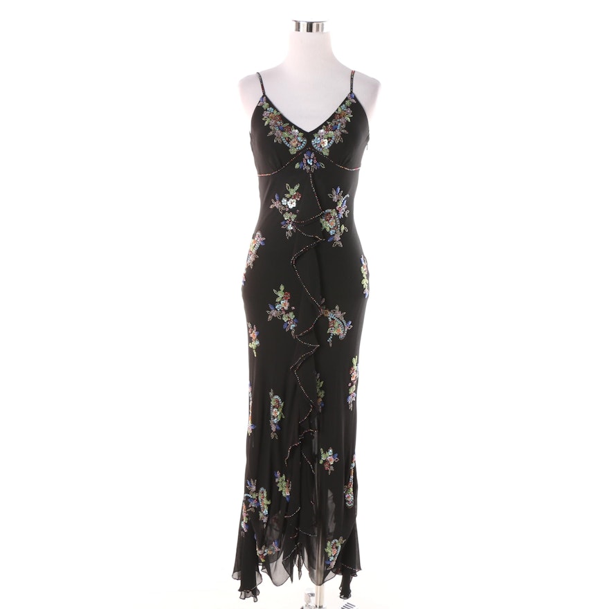 Sue Wong Nocturne Black Silk Multicolor Sequin and Beaded Cocktail Dress