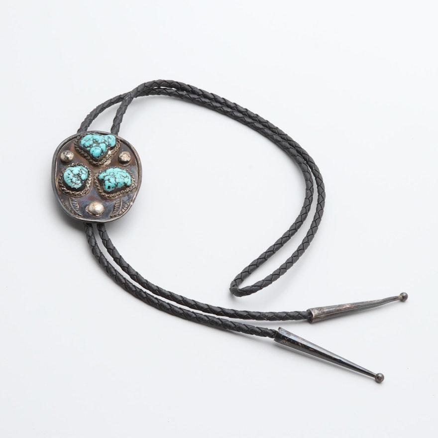 Southwestern Style Sterling Silver Turquoise Bolo Tie