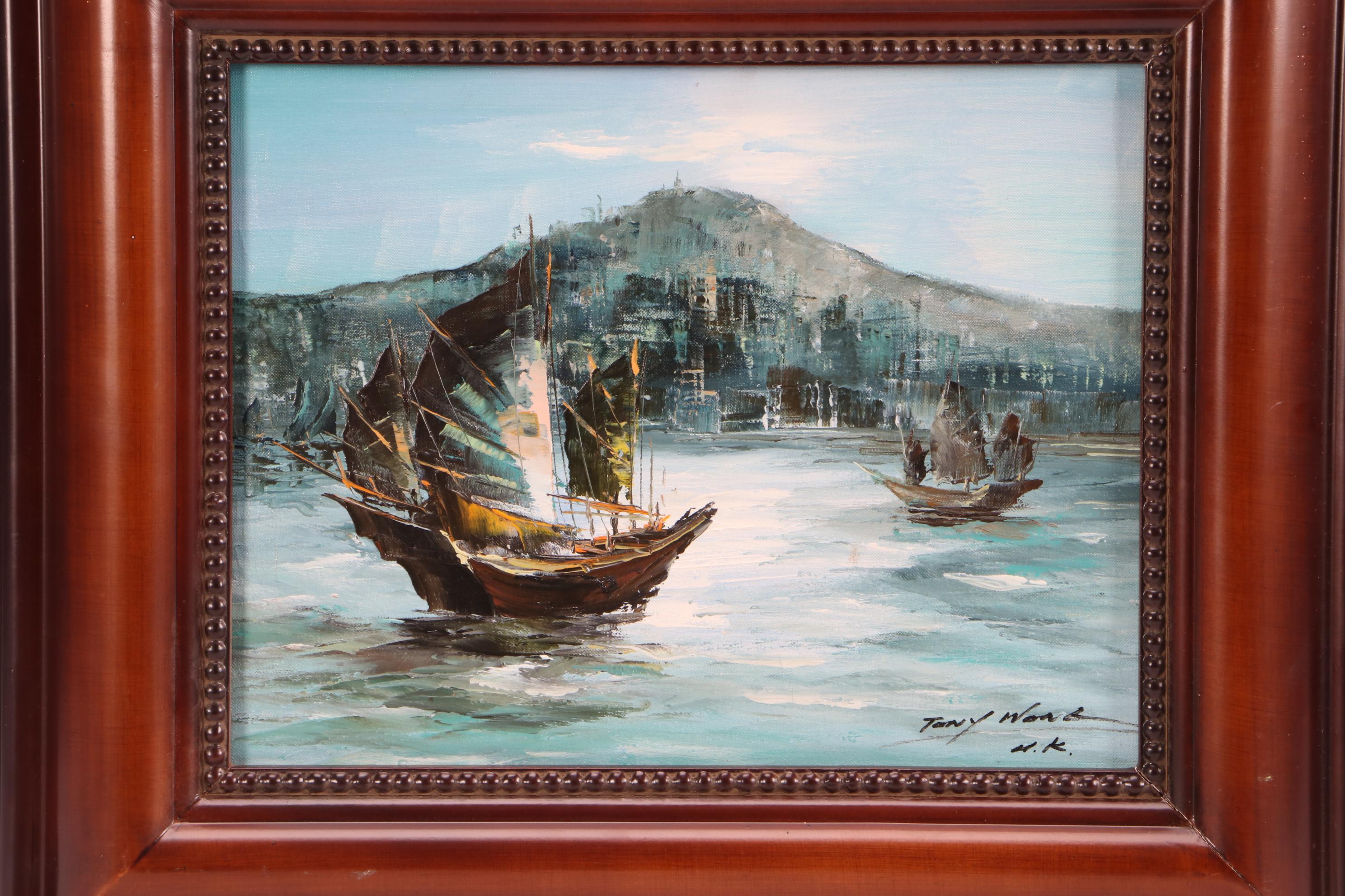 Tony Wong Oil Painting of Ships in Harbor