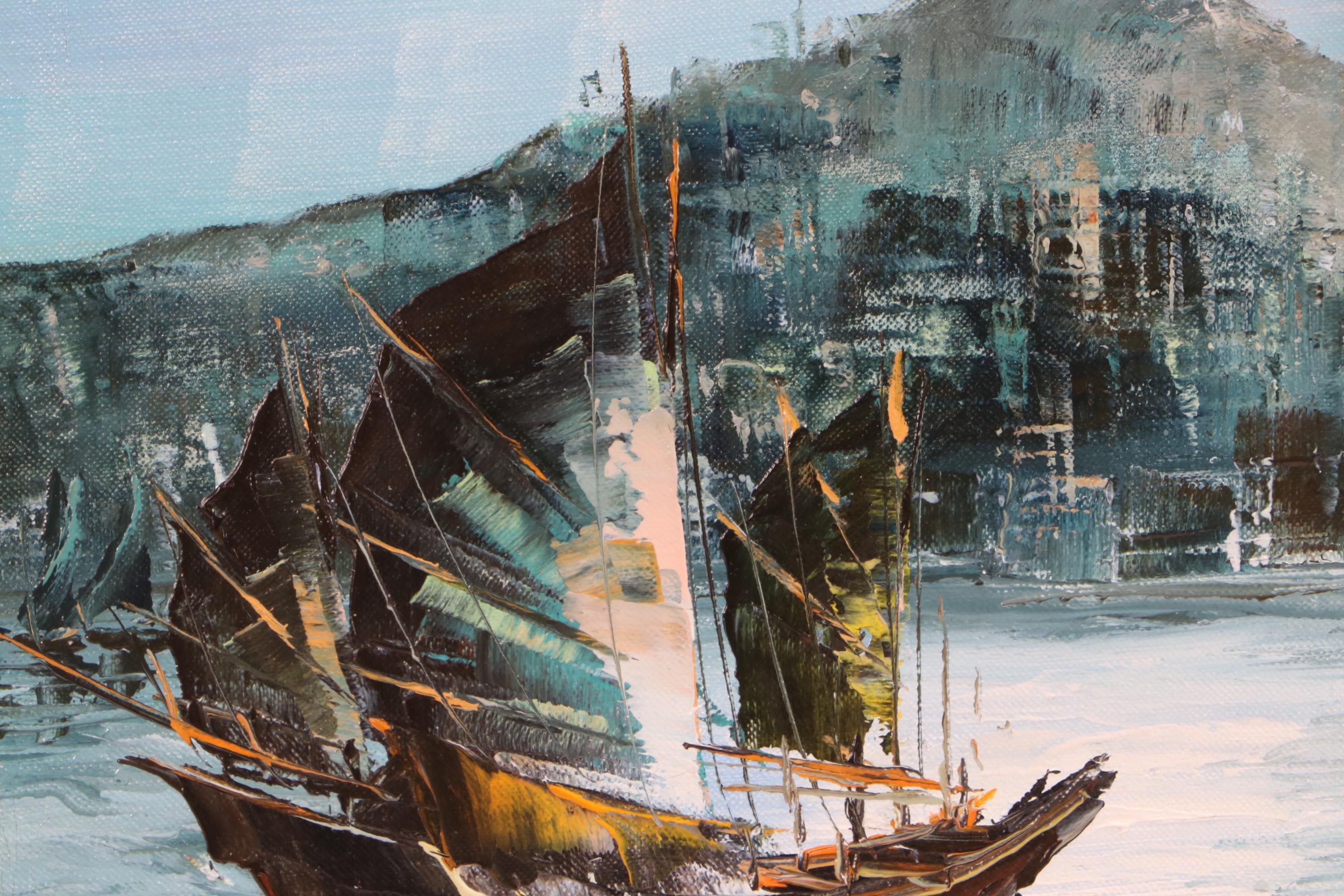 Tony Wong Oil Painting of Ships in Harbor