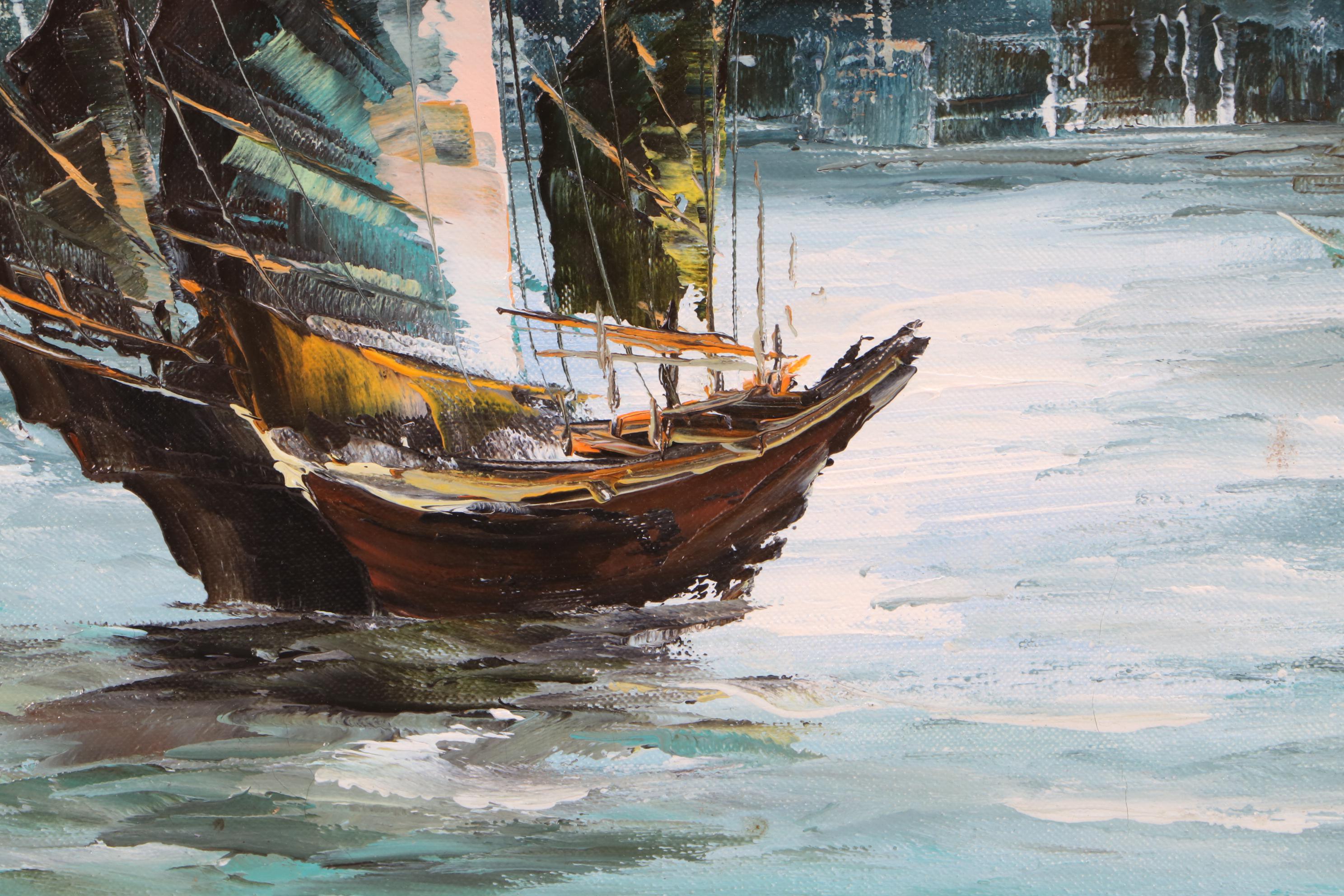 Tony Wong Oil Painting of Ships in Harbor