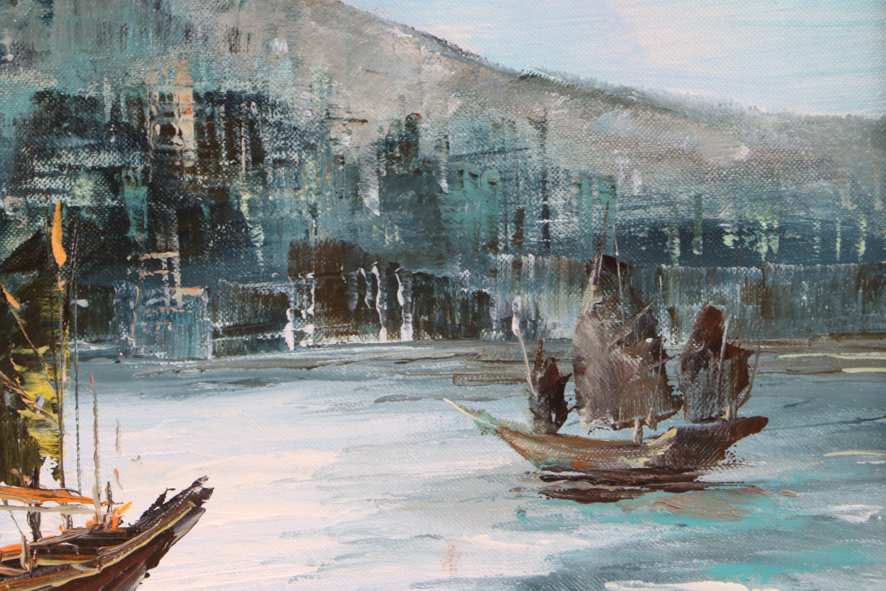 Tony Wong Oil Painting of Ships in Harbor
