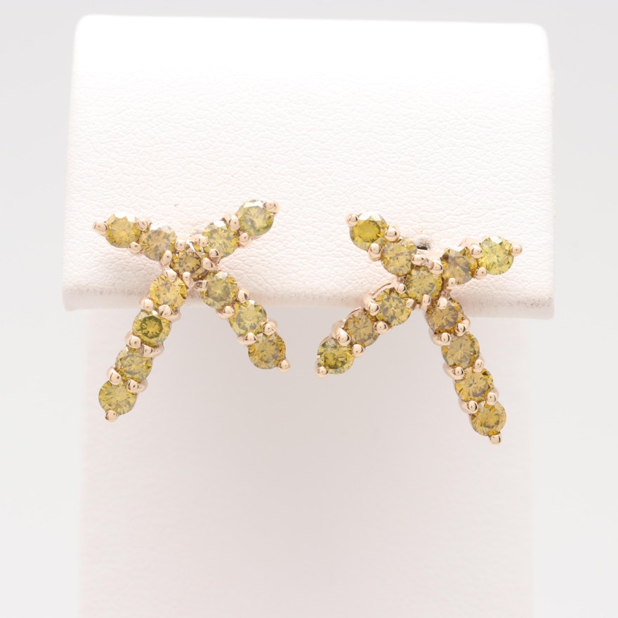 14K Yellow Gold 2.40 CTW Yellow Diamond Cross Earrings