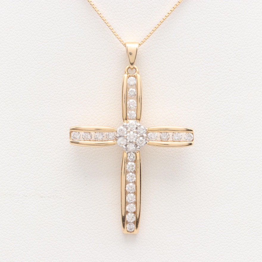 14K Yellow Gold 1.01 CTW Diamond Cross Pendant Necklace