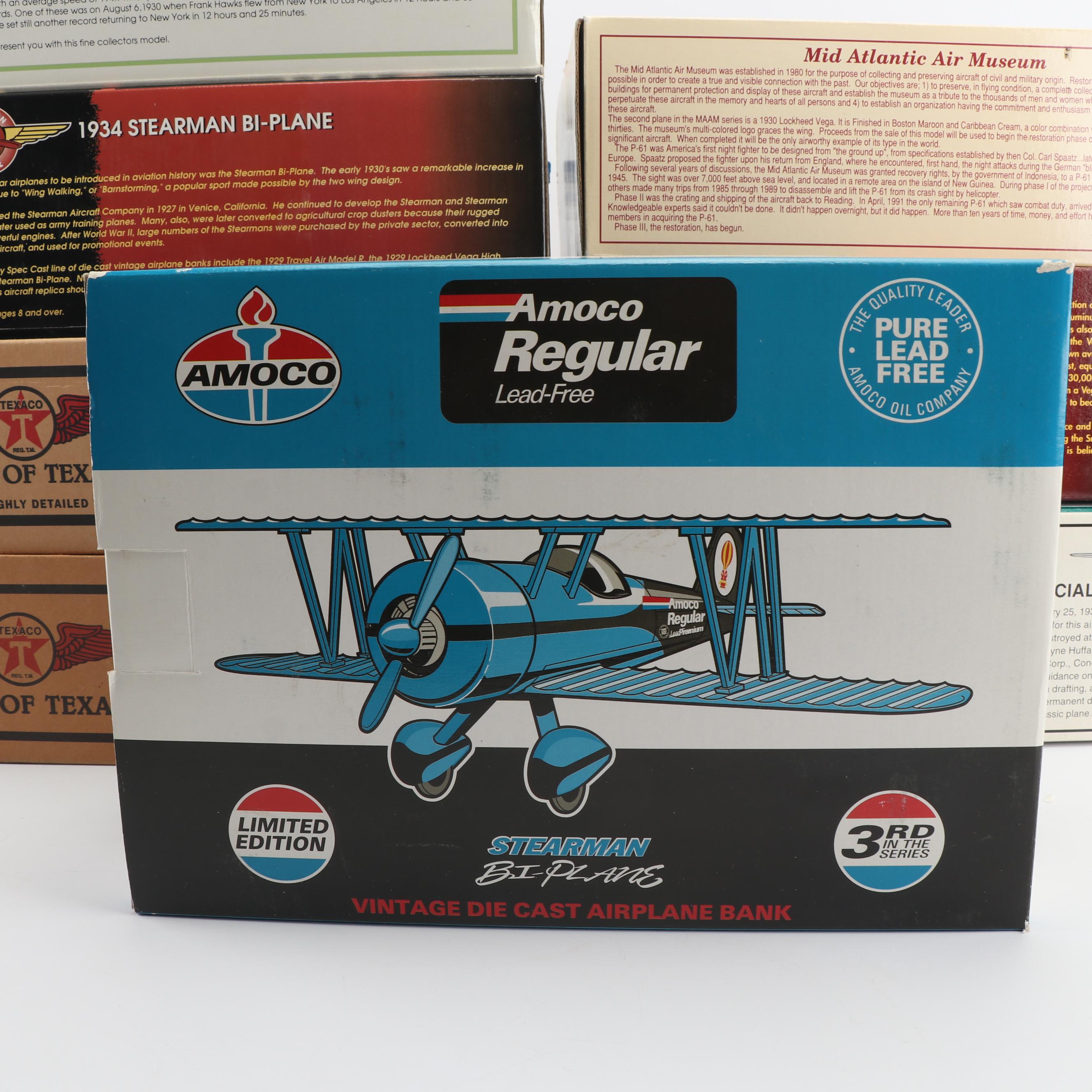 Die-Cast Airplane Coin Banks including Wings of Texaco