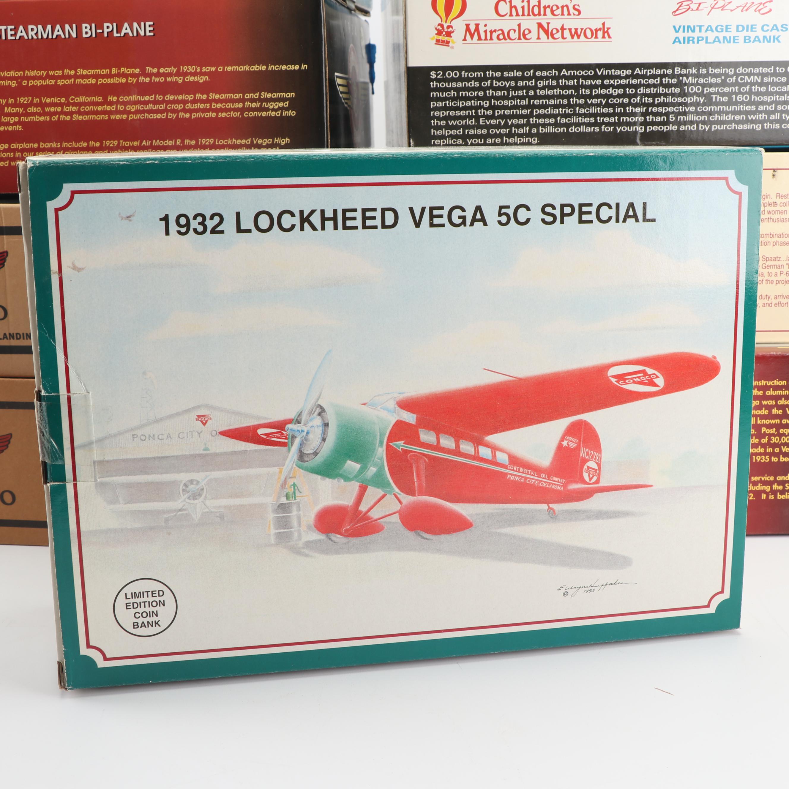 Die-Cast Airplane Coin Banks including Wings of Texaco