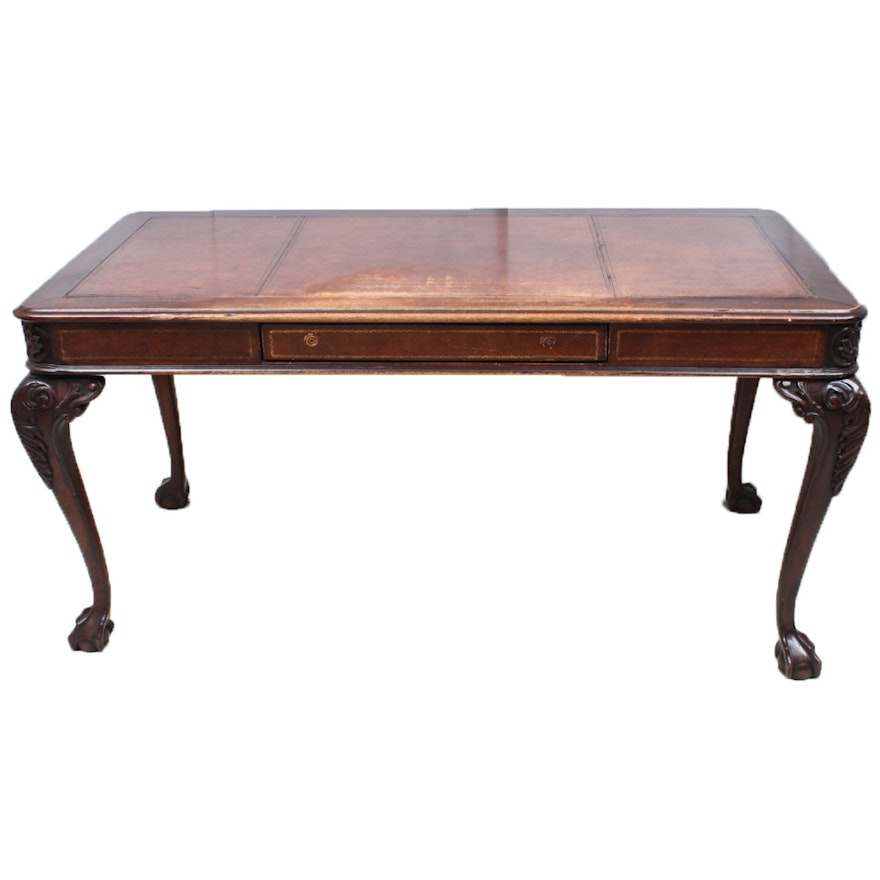 Chippendale Style Bonded Leather Top Mahogany Desk