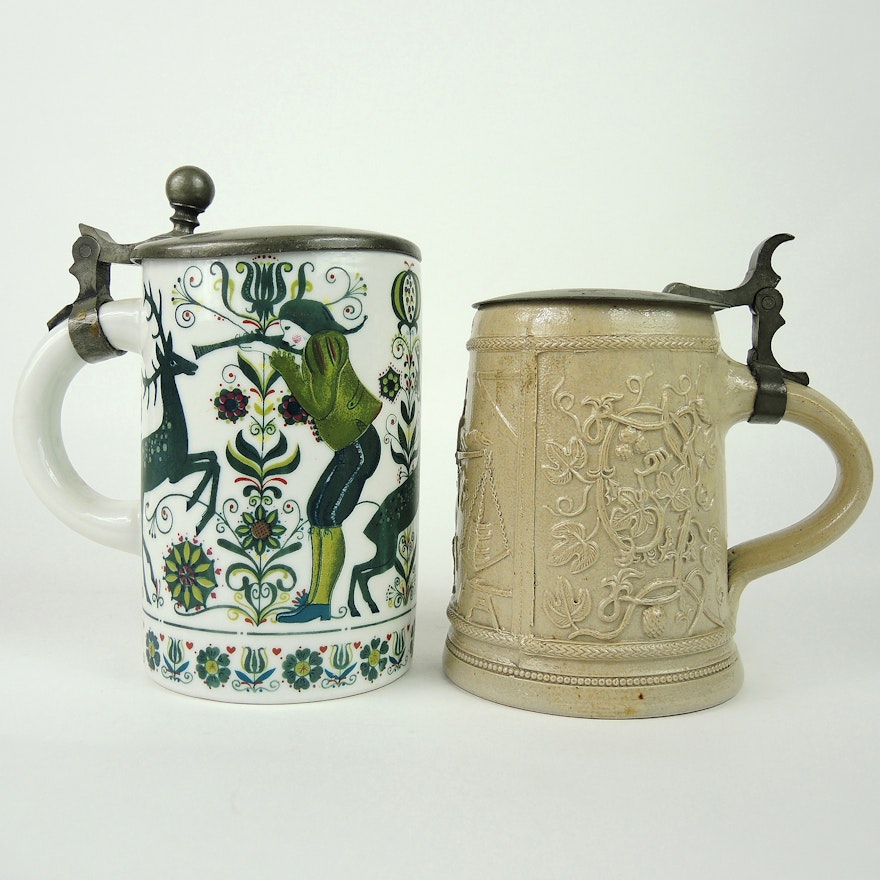 19th Cent. German Salt Glaze Pottery and Porcelain Beer Stein