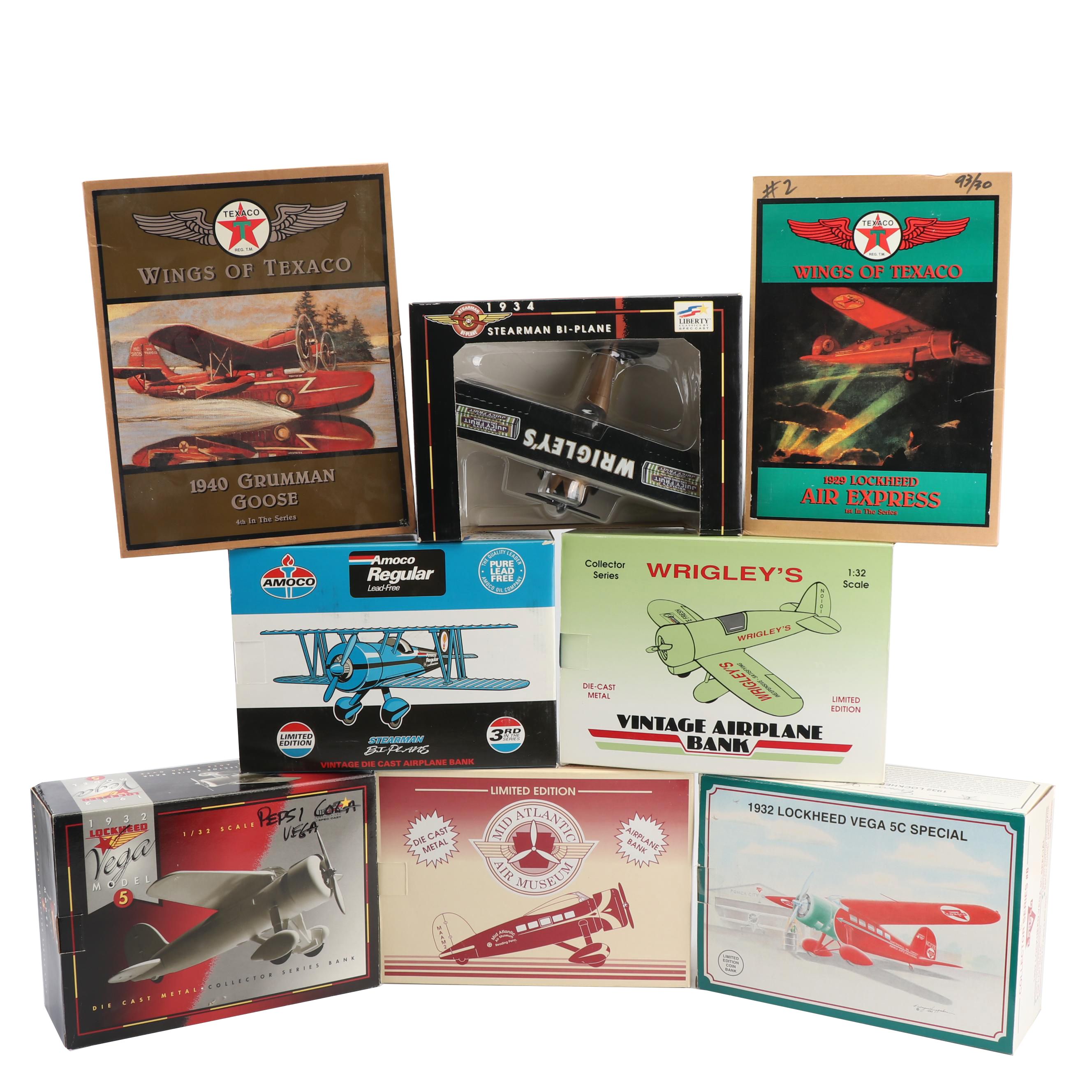Die-Cast Airplane Coin Banks including Wings of Texaco