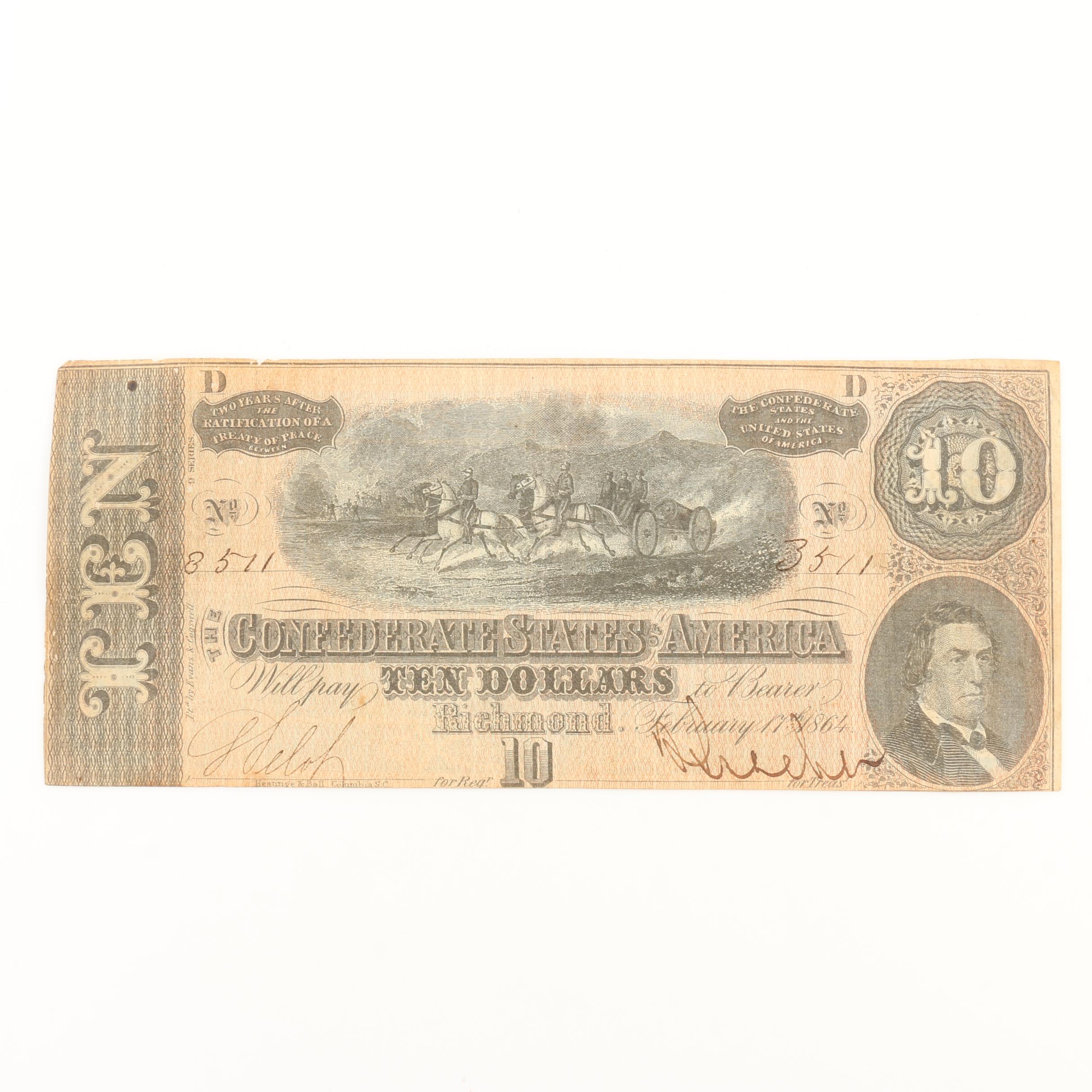 Obsolete $10 Confederate States of America Banknote