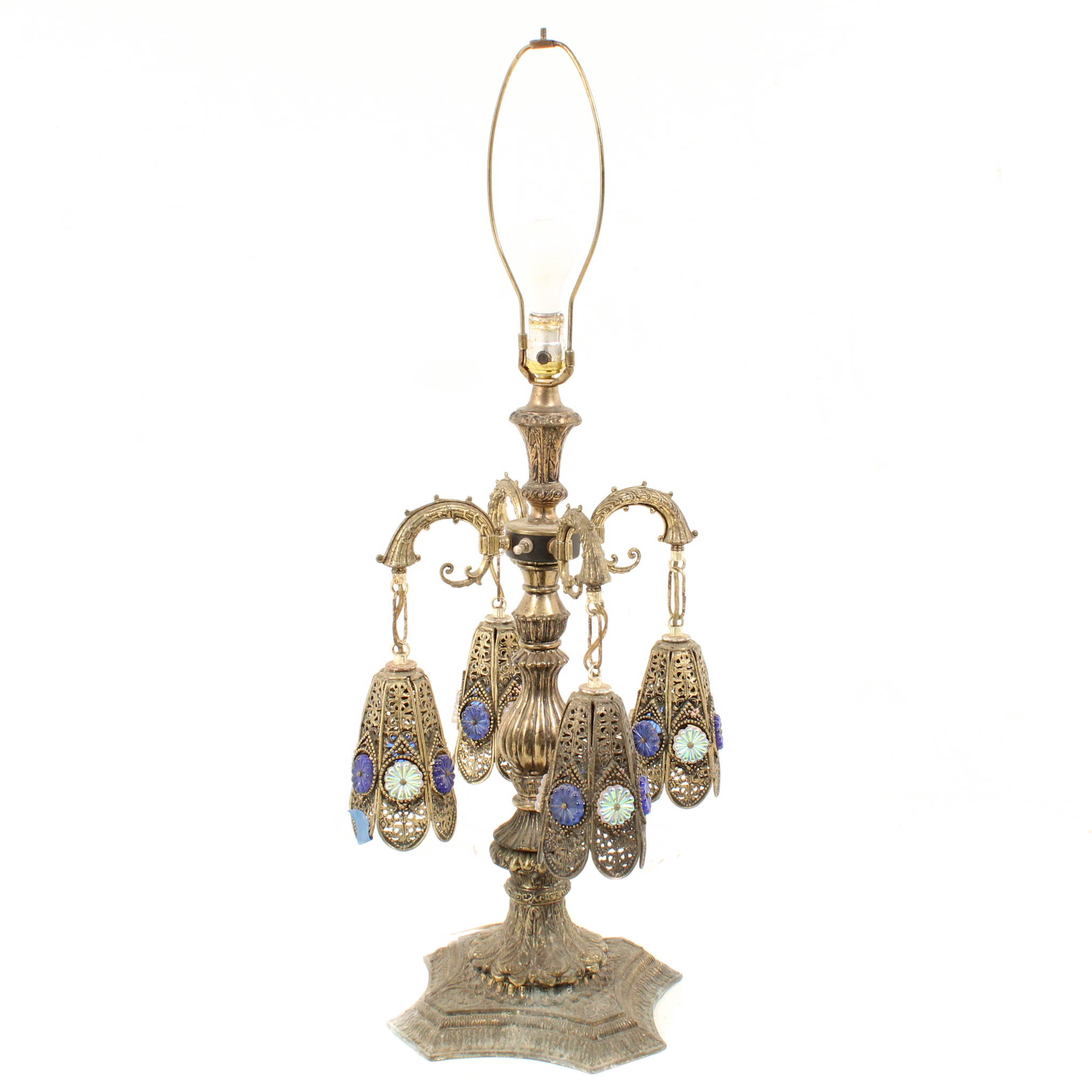 Mid Century Neo-Baroque Reticulated Cast Metal Centerpiece Lamp