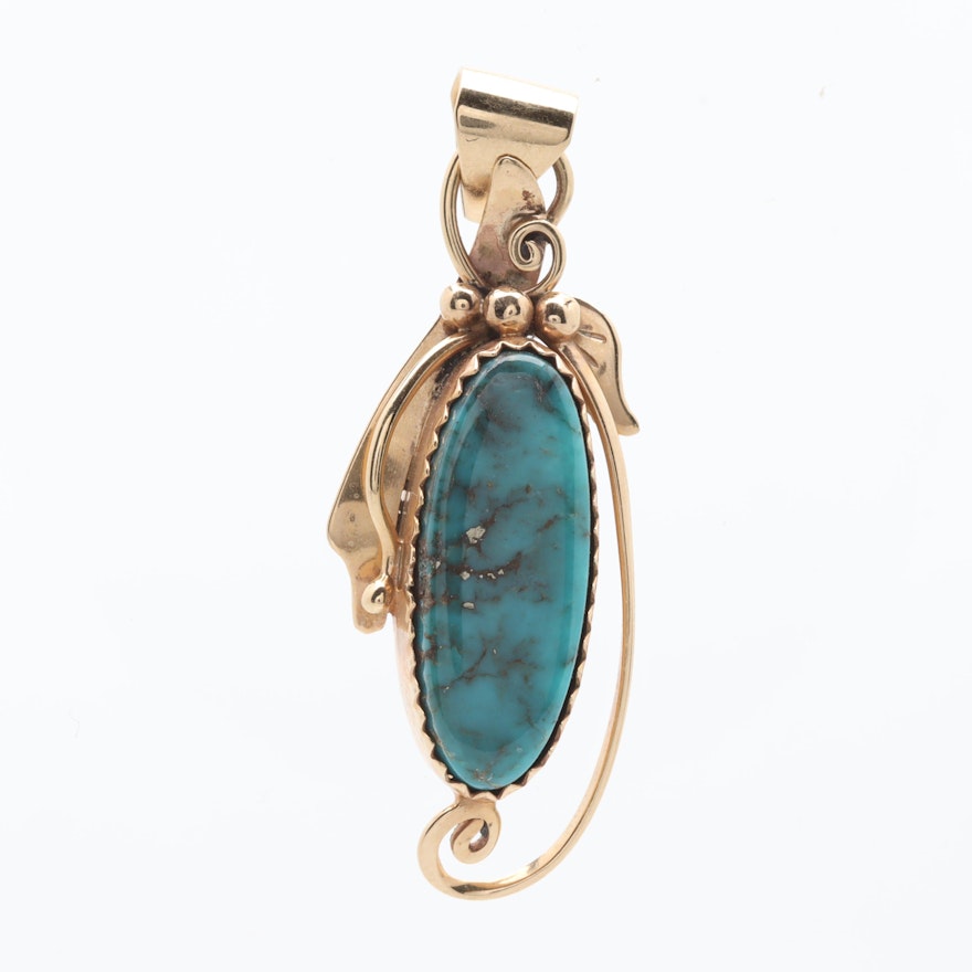 Fritzen Toledo Navajo Diné for Les Baker 14K Yellow Gold Turquoise Pendant