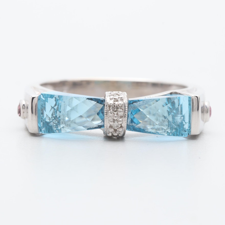 14K White Gold Blue Topaz, Diamond and Pink Tourmaline Ring