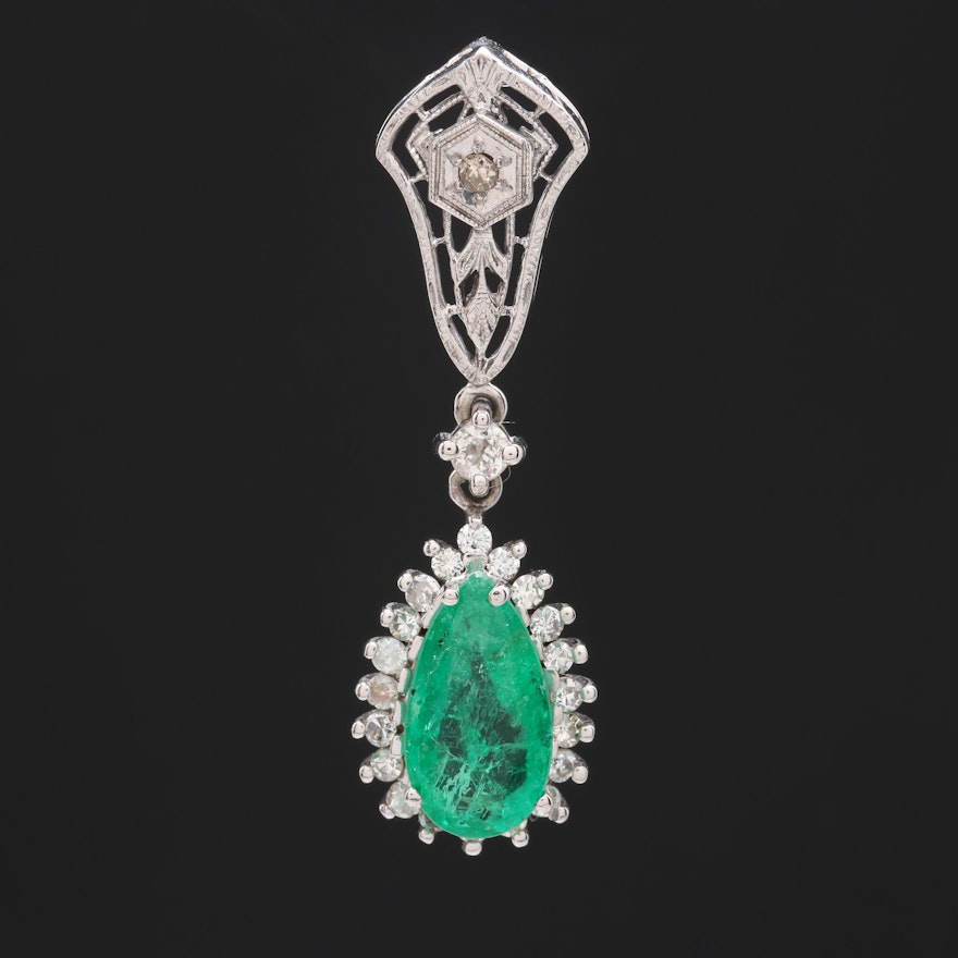 14K and 18K White Gold 1.48 CT Emerald and Diamond Pendant