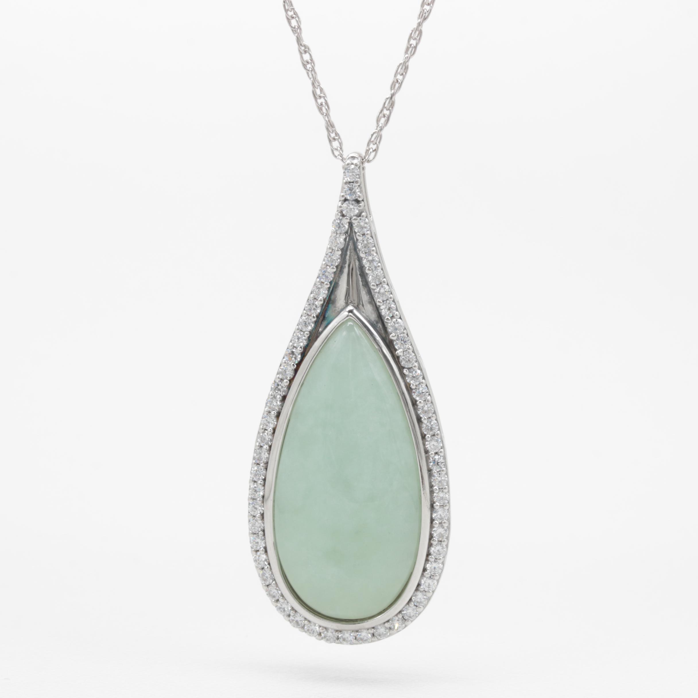 Sterling Silver Jadeite and Cubic Zirconia Pendant Necklace