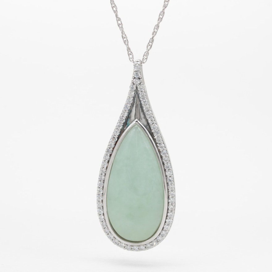 Sterling Silver Jadeite and Cubic Zirconia Pendant Necklace