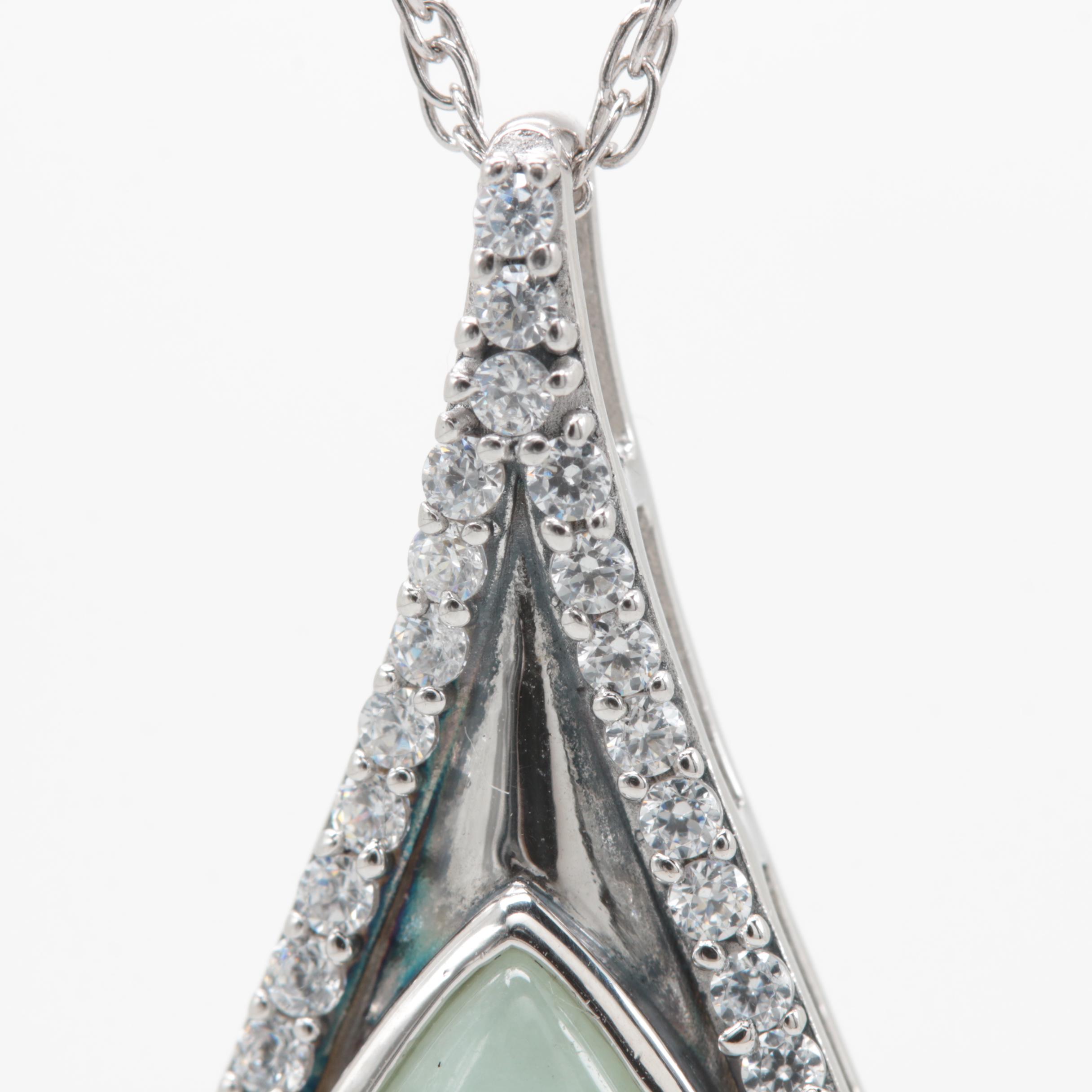 Sterling Silver Jadeite and Cubic Zirconia Pendant Necklace