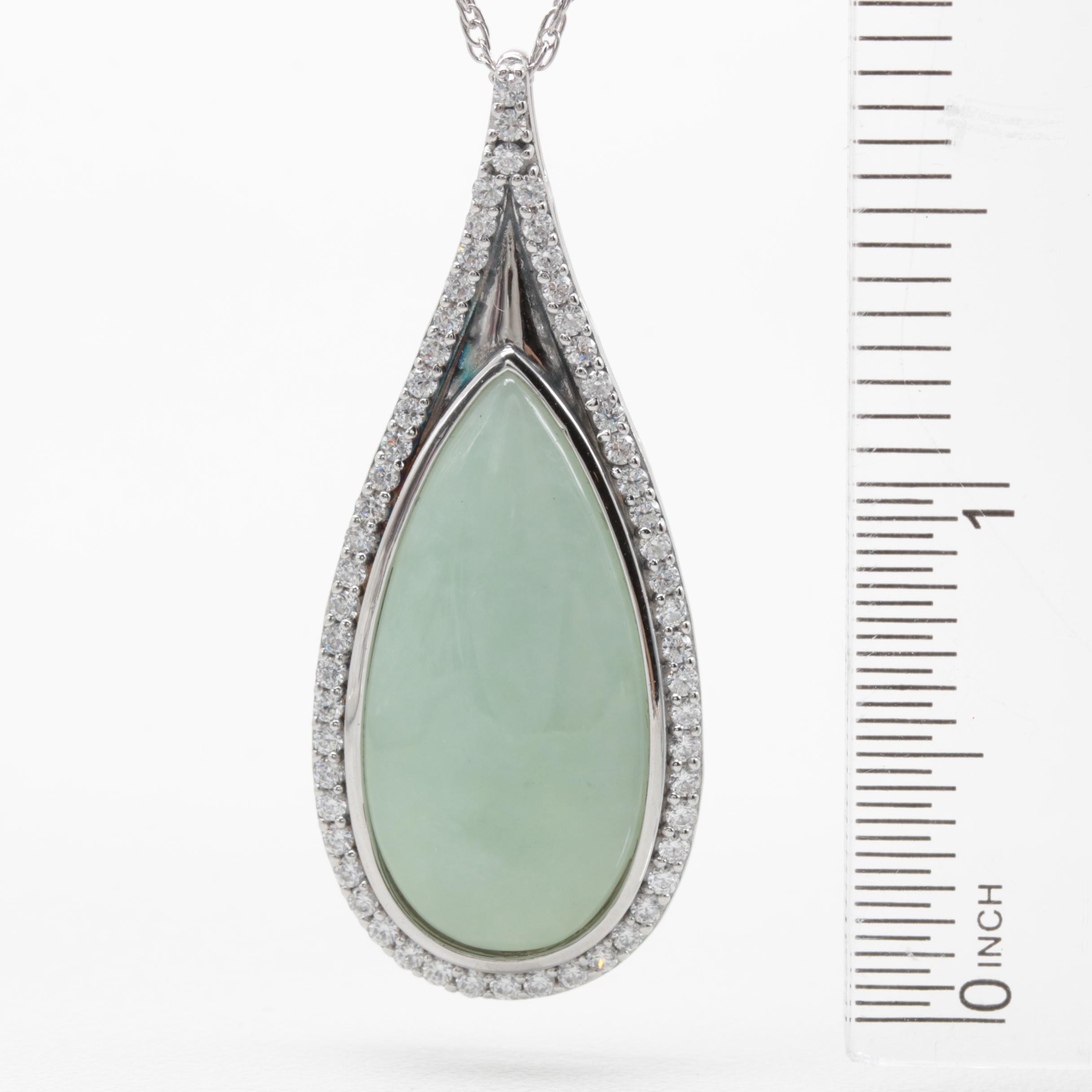 Sterling Silver Jadeite and Cubic Zirconia Pendant Necklace