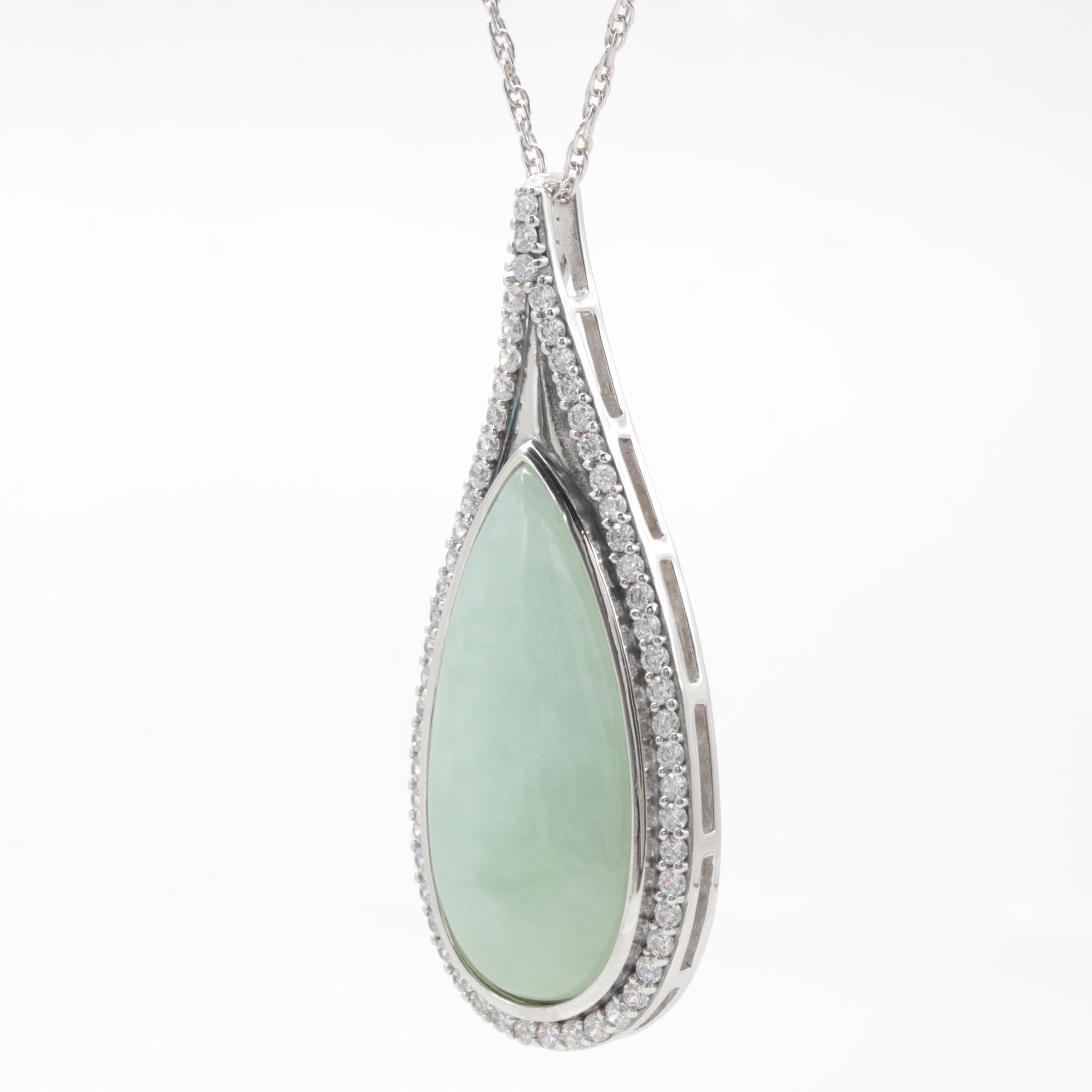Sterling Silver Jadeite and Cubic Zirconia Pendant Necklace