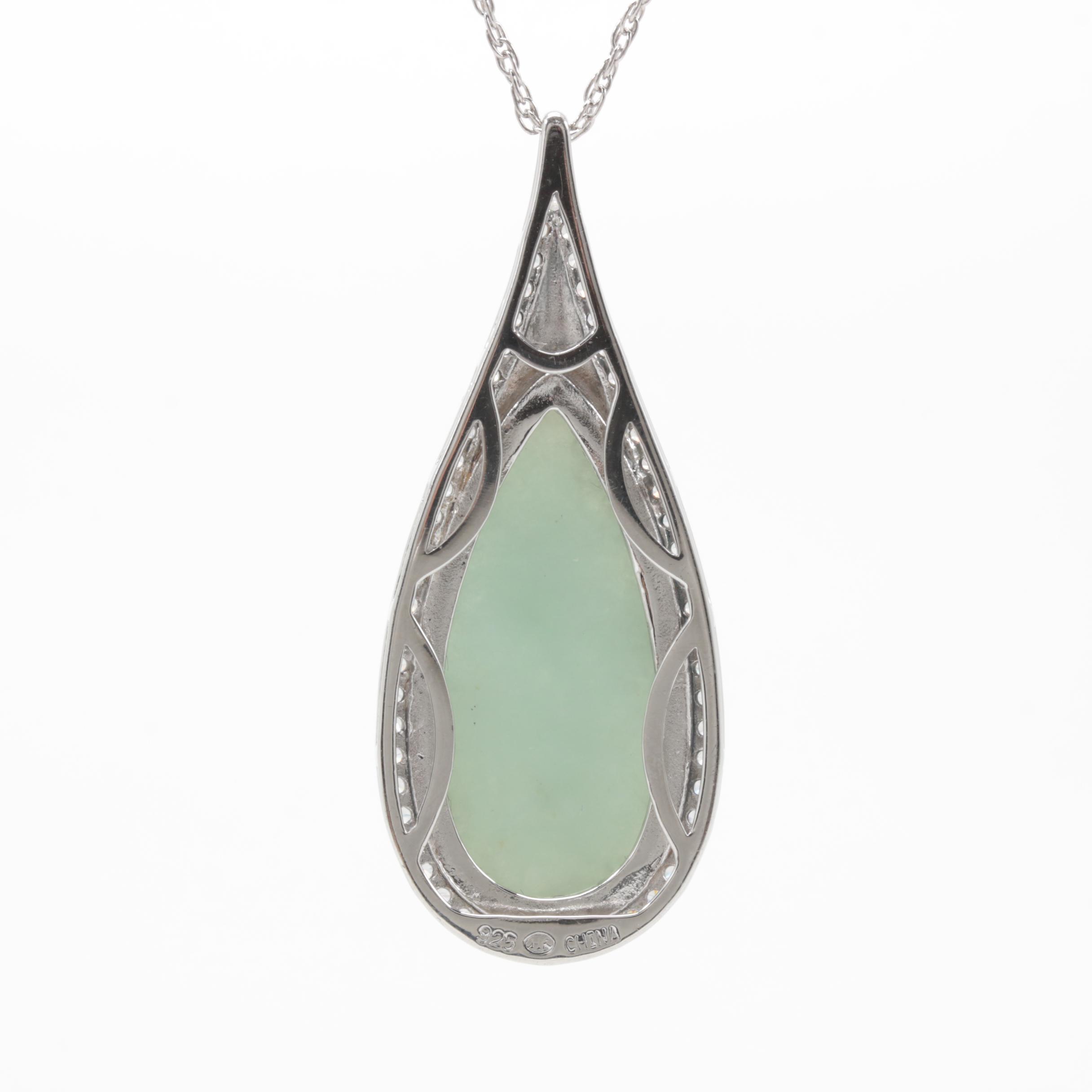 Sterling Silver Jadeite and Cubic Zirconia Pendant Necklace